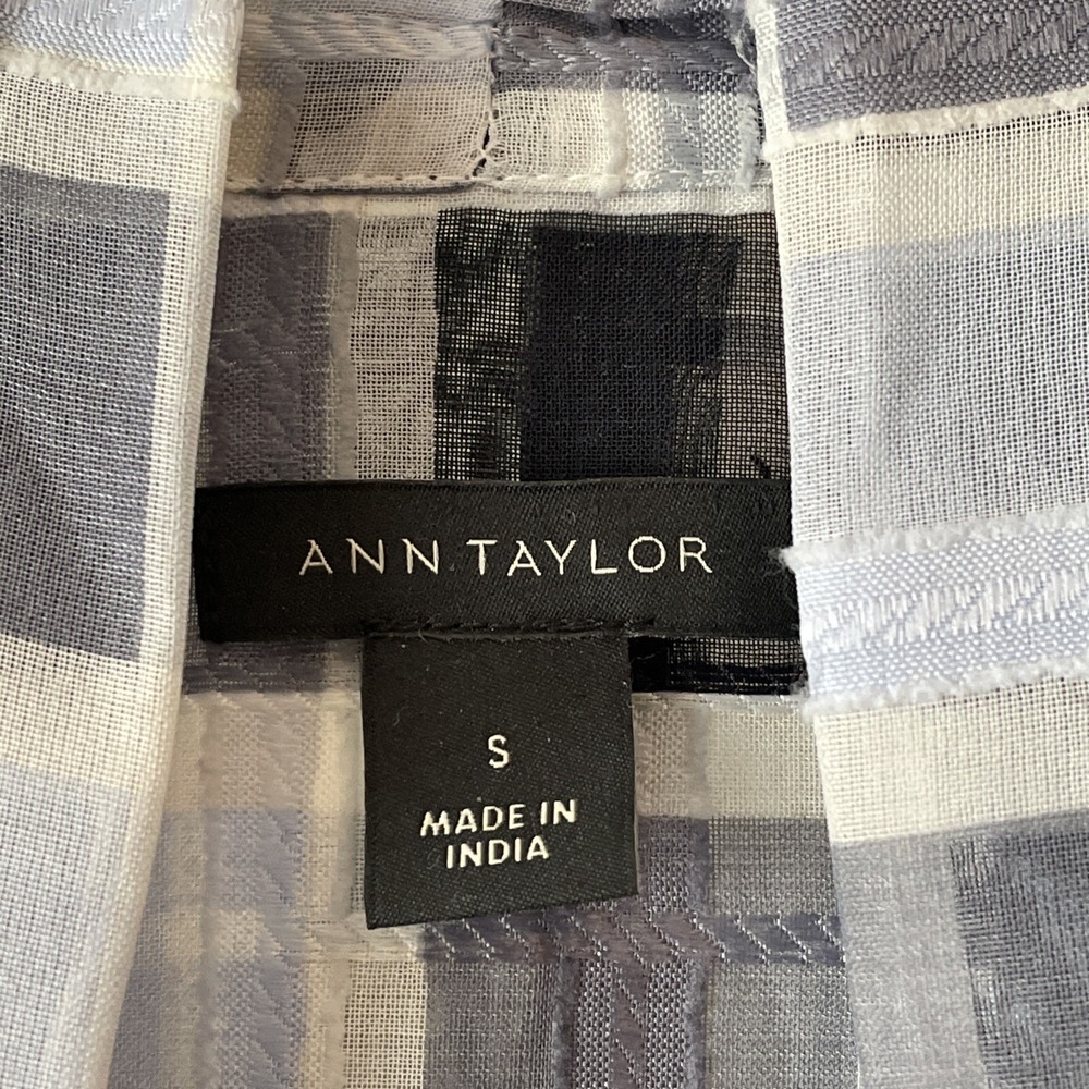 Ann Taylor Sheer Blouse Small Blue Plaid Tie Neck Long Sleeve Office Workwear - Picture 4 of 16